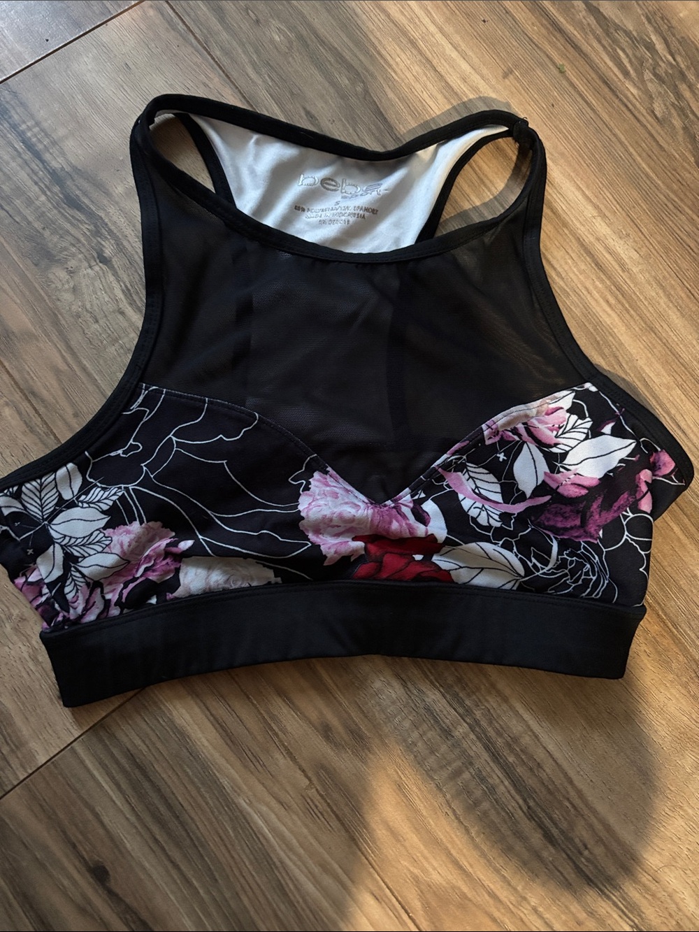 bebe Black High-Neck Floral Sports Bra with Pink Accents